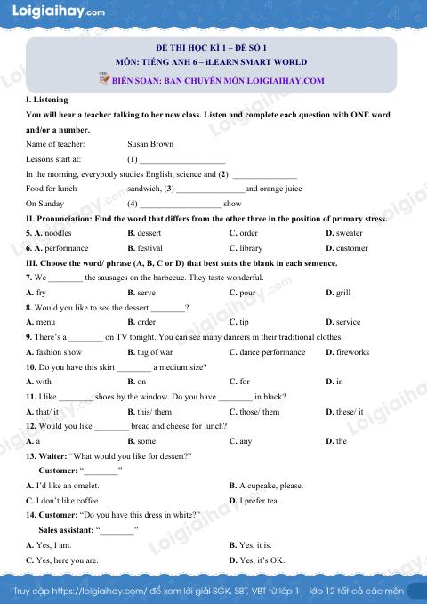 Đề thi học kì 1 Tiếng Anh 6 iLearn Smart World - Đề số 1